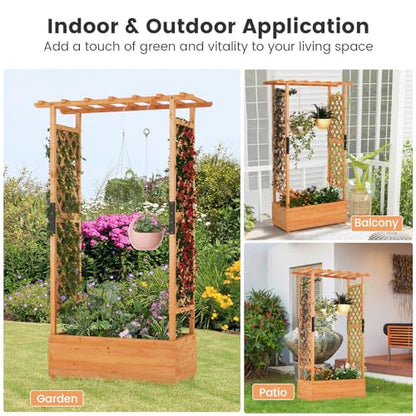 S AFSTAR 72-Inch Raised Garden Bed with Arch Trellis, Hanging Roof & Drainage Holes, Vertical Plant Container for Vine Climbing Plant Flower, Indoor Outdoor Wood Elevated Planter Box for Garden Patio - size: 43.5"L x 17.5"W x 72"H