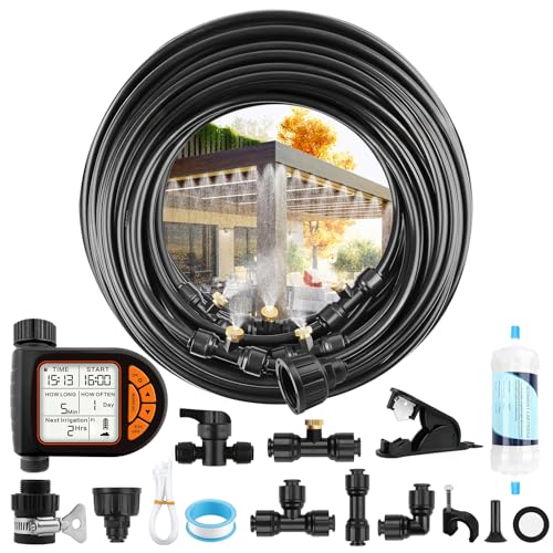 Kalolary 100FT Misting Cooling System with Timer and 30 Brass Mist Nozzles - size: 100FT with Water Timer