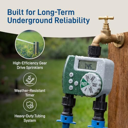 Orbit 2-Zone All-in-One Automatic Watering System - Automatic Sprinkler System for Yard Irrigation Setup - DIY Lawn Kit - Double Outlet Hose Timer - Easy Push-Fit Technology - Large Coverage - 50021 - style: Large Area