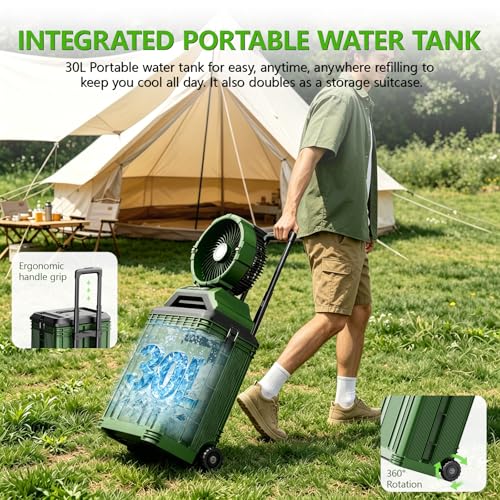 Portable Misting Fan with 30L Bucket, 30000mAh Rechargeable Battery Powered, 12Hrs Mist Rechargeable Fans, 4 Strong Winds, 4 Spray Mister, 3 Lighting Settings for Outdoor, Camping, Patios - color: Green