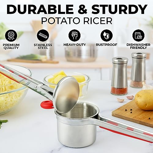 Zulay Kitchen Premium Large 15oz Potato Ricer, Heavy Duty Professional Stainless Steel Potato Masher and Ricer Kitchen Tool, Press and Mash Kitchen Gadget - Red and Silver - color: Red & Silver, size: Three Discs