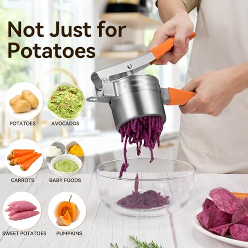 Potato Ricer,Stainless Steel Potato Masher Anti-Slip Grip,Orange | 3 texture discs, holiday batch prep for soft produce, suitable home and commercial kitchen daily use, matched cleaning brush - color: Orange