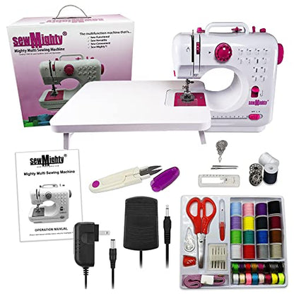 Portable Mini Sewing Machine & Sewing Kit – 12 Pre Programmed Stitch Patterns – Battery and AC Operated, Dual Speed, Sews Forward & Reverse, AC & DC Power – Includes Foot Pedal - style: With Kit & Table