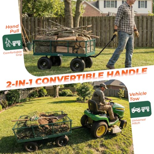 Sekey 1400lbs Heavy Duty Steel Garden Cart for Farm & Construction, 7.7 Cu.Ft. Extra-Large Utility Wagon with Removable Sides, 2-in-1 Towable Handle, 13" Rubber Tires, Green - color: Green, size: 1400LBS