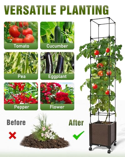 71inch 3-in-1 Planter Box with Trellis, Wheels, 6 Layer Tomato Cage