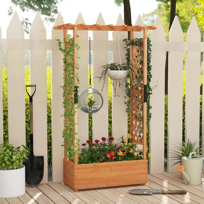 S AFSTAR 72-Inch Raised Garden Bed with Arch Trellis, Hanging Roof & Drainage Holes, Vertical Plant Container for Vine Climbing Plant Flower, Indoor Outdoor Wood Elevated Planter Box for Garden Patio - size: 43.5"L x 17.5"W x 72"H