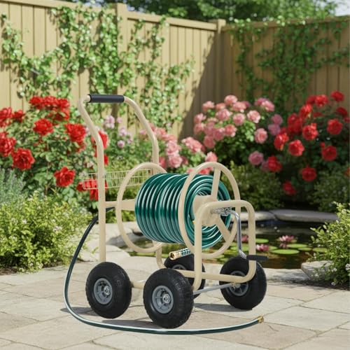 FDW Garden Hose Reel Cart, Water Hose Cart with 4 Wheels, Hold Up to 300 ft of 5/8’’ Hose，Heavy Duty Powder-Coated Steel Planting with Storage Basket, for Garden, Yard and Lawn - color: Tan-1