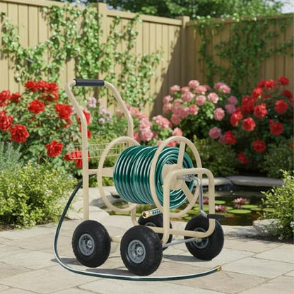 FDW Garden Hose Reel Cart, Water Hose Cart with 4 Wheels, Hold Up to 300 ft of 5/8’’ Hose，Heavy Duty Powder-Coated Steel Planting with Storage Basket, for Garden, Yard and Lawn - color: Tan-1