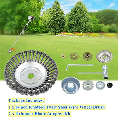 8'' Steel Wire Wheel Brush Weed Trimmer Head for Most Straight-Shaft String Trimmer & Brush Cutter & Weed Eater & Weed Wacker (with 2 Kinds of Blade Adapter Kit)
