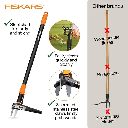 Fiskars Stand-Up Weed Puller Tool, 3 Serrated Stainless Steel Claws, 39" - style: 3-claw