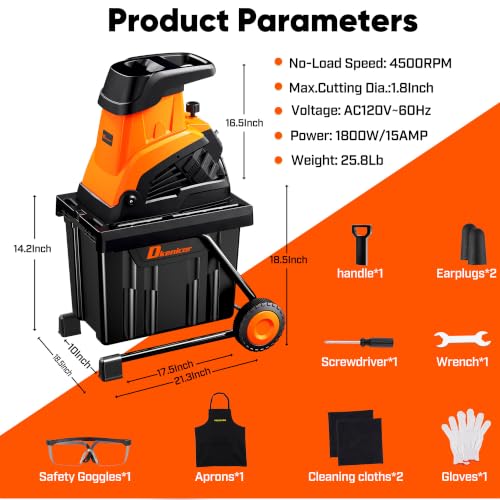Wood Chipper Shredder, 1800W Cut Diameter of 1.77inch with 10 Gallon Collection Bin 15-Amp Electric Wood Chipper Shredder for Easy Cleanup Ideal for Branches, Leaves,Yard Waste, Amber - color: Amber