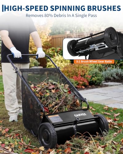 26" Push Lawn Sweeper, 7 Cu.Ft. Hopper, 3 V-Shaped Brushes, Height Adjustable - color: Black, size: 26in