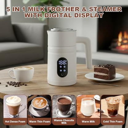 4 in 1 Electric Milk Frother Automatic Hot & Cold Foam Maker Auto Shut-Off Durable Stainless Steel Milk Frother Silent Working Easy to Clean for Hot Chocolate (White-With Digital Display) - color: White-A