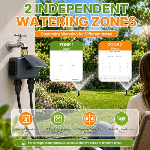 Mcbazel Solar & Type-C Charging WiFi Water Timer for Garden Hose, Smart 2-Zone Sprinkler Controller with App & Voice Control, Programmable Irrigation System with Auto & Manual Modes for Yard