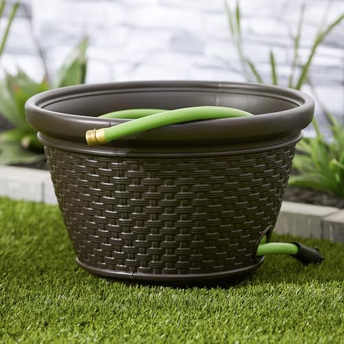 Suncast Decorative Wicker Garden Hose Holder Pot with 4 Drain Holes for 100 Foot Hoses, Java
