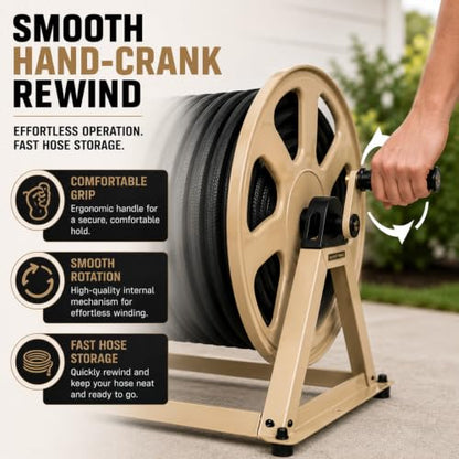 Dual Floor and Wall Mounted Garden Hose Reel, Holds 200ft of Water Hose, Heavy Duty Metal Hose Reel, Space Saving Hose Reel Organizer for Yard, Garage & Shed - color: Tan