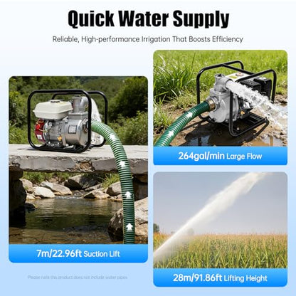 3 Inch Trash Pump, 7.5HP 210cc Gasoline Powered Water Pump, 60m³/h Flow, 3" Inlet/Outlet, 91.86ft Head, 22.97ft Suction, Portable High Flow Water Transfer Pump for Farm Irrigation, Pool, Garden - size: 3 inch