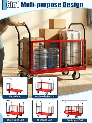 GarveeTech Platform Truck with Cage, 6-in-1 Multi-Purpose Flatbed Cart - color: Black+red