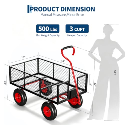 Heavy Duty 500 Lbs 3Cu Ft Steel Garden Cart Utility Wagon-Red