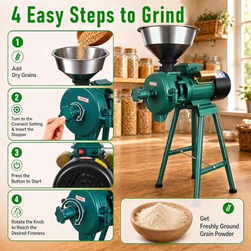 Commercial Electric Grain Grinder 3000W, High-Speed Grain Mill, Heavy-Duty Molino Para Moler Maiz, Suitable For Corn, Wheat, Spices, Red Beans, Rice, Dry Grains, Ideal For Farm, Home, Restaurant