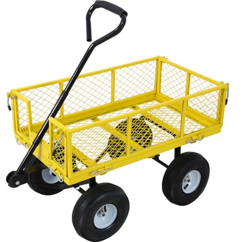 Steel Garden Cart, 550 lbs Capacity Heavy Duty Garden Wagons with Removable Steel Mesh, Sides to Convert Into Flatbed, Folding Utility Heavy Duty Wagons Carts for Yard, Garden, Farm,Yellow