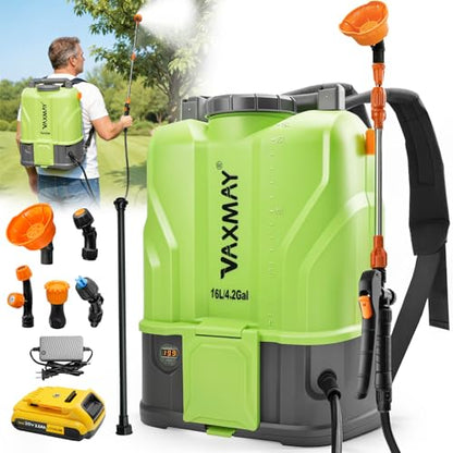 VAXMAY Battery Powered Backpack Sprayer 4.2 Gallon, 120 PSI Electric Garden Sprayer Compatible with DeWalt 20V Battery, Weed Yard Sprayer with 2 Wands, 5 Nozzles, 2.6 Ah Battery & Charger Included - size: 4.2 Gallon