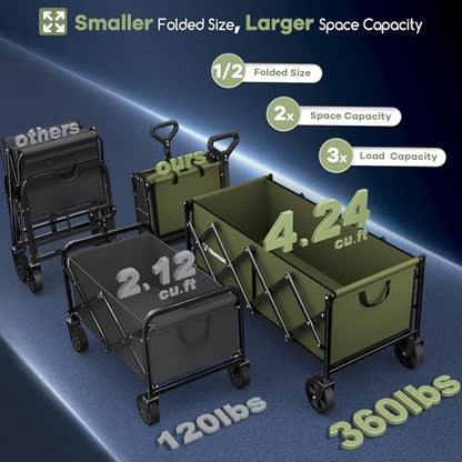HIKEMOON 34'' Extra Long Folding Portable Wagon Cart, 120L 360LBS Green - color: Army Green