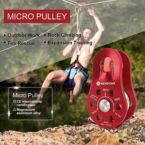 NewDoar Fixed Plate Micro Pulley,28KN CE Certified General Purpose Small Aluminum Rope Pulleys for Climbing/Aloft Work/Rappelling/Rescue Etc - color: One Unit (28KN Pulley Red)
