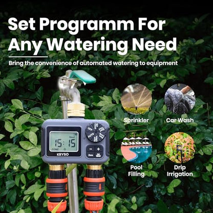 Kryso 2-Zone Sprinkler Timer with Brass Inlet & Outlet – Programmable Garden Hose Water Timer with Rain Delay, Manual & Automatic Irrigation Controller for Yard, Lawn & Outdoor Watering