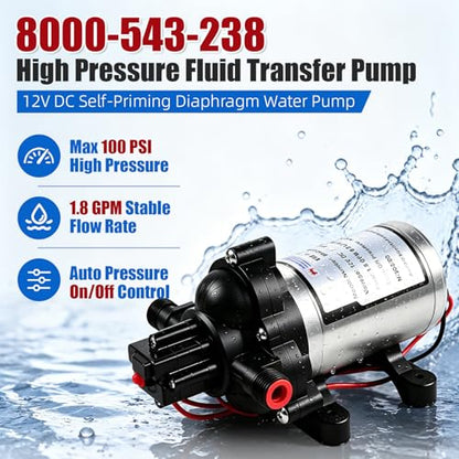8000-543-238 12V DC Self-Priming Diaphragm Pump,100PSI 1.8GPM High Pressure Water Pump,Auto Pressure Switch,Dry Run Protection,for RV,Marine, Agricultural Spraying & Fluid Transfer