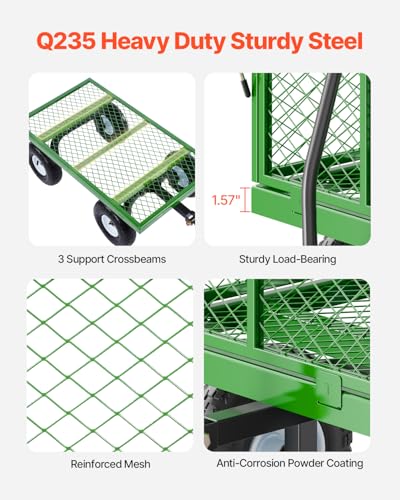 VEVOR 900 Lbs Steel Garden Cart on Wheels, Heavy Duty Pullable Garden Wagon Yard Cart, Outdoor Metal Utility Wagon with 10" Tires and Mesh Removable Sides(Convert to Flatbed), and 180°Rotating Handle - color: Black+green