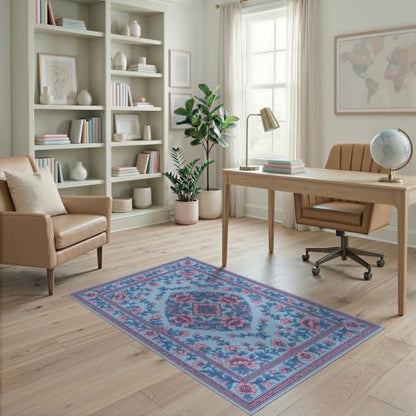4'x6' Pink Blue Chinoiserie Floral Medallion Washable Area Rug - color: Blue/Pattern 10, size: 4' x 6' (Rectangular)