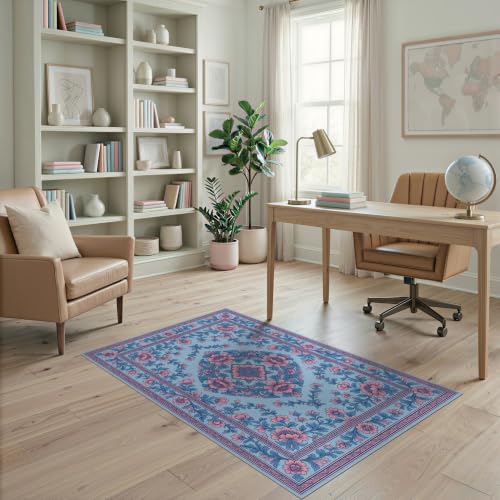4'x6' Pink Blue Chinoiserie Floral Medallion Washable Area Rug - color: Blue/Pattern 10, size: 4' x 6' (Rectangular)