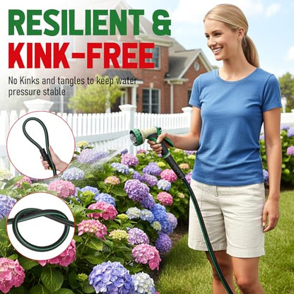 Garden Hose 100 ft x 5/8" with Nozzle, Water Hose Heavy Duty Flexible, Lightweight Kink-less Hybrid Hose with Swivel Handle, Male to Female Fittings (Green, 100FT) - color: Green, size: 100ft