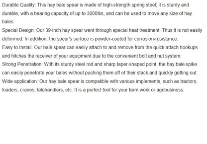 Replacement for 2pcs Hay Bale Spear 39" 3000 lbs Capacity Spike Fork for Tractors Loaders OEM