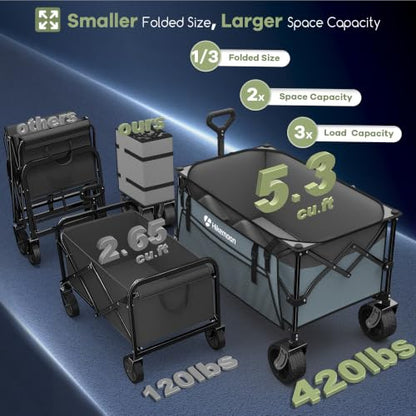 HIKEMOON 150L Collapsible Wagon Compact, Big Wheels, 420LBS Blue & Grey - color: Blue & Grey