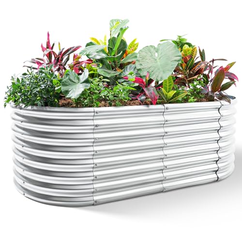 Land Guard Galvanized Raised Garden Bed, 8x4x2ft Planter Boxes Outdoor, Oval Larger Metal Planter Boxes for Vegetables, Fruits, Flowers (Silver) - color: Classic Silver, size: 8×4×2ft