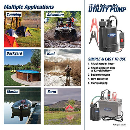 Superior Pump 91012 12 Volt Utility Pump with 20-Foot Cord, Black - size: 1380 GPH