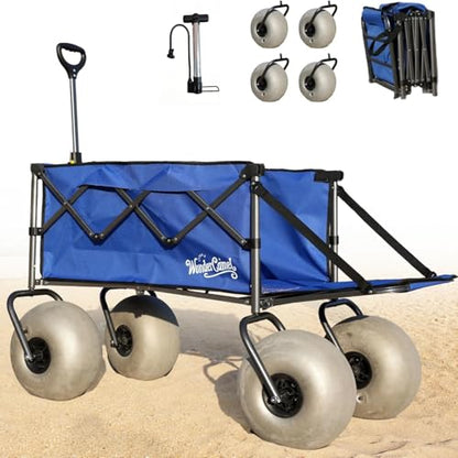 Beach Wagon with 13" Balloon Wheels - Extended Tailgate for Extra Space & Easy Access - 300 lb Heavy Duty Folding Cart with Big Wheels for Sand (Blue)