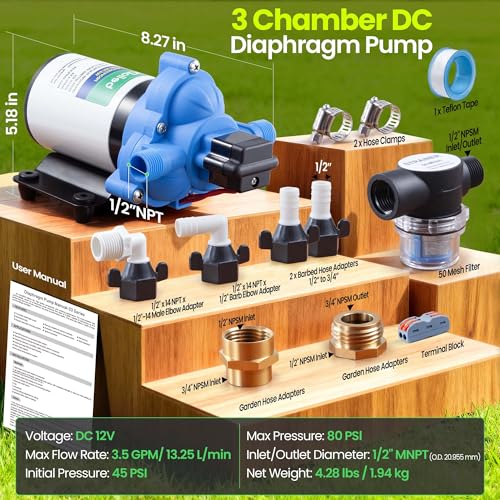 12V 3.5 GPM Diaphragm Water Pump for RV, Marine & Agriculture