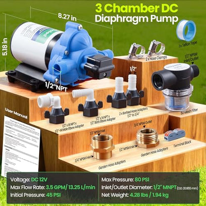 12V 3.5 GPM Diaphragm Water Pump for RV, Marine & Agriculture