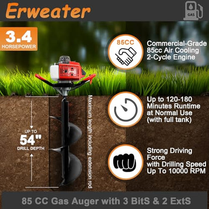 Post Hole Digger Earth Auger Gas Powered 85cc 3.4HP