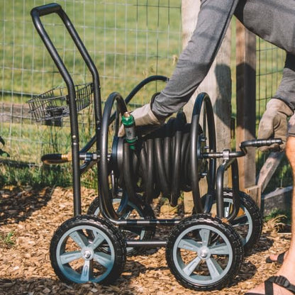 Backyard Expressions 4‑Wheel Garden Hose Reel Cart with Storage Basket, Hand‑Crank Rewind, Rust‑Resistant Hammertone Gray Finish, Brass Connectors - style: 2026 4 Wheel