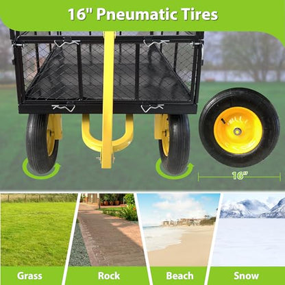 KEIKI 1400 lb Steel Garden Cart with Removable Mesh Sides, Heavy Duty Utility Wagon Convertible Flatbed, 16 in Pneumatic Tires, 2-in-1 Handle Tow Behind or Pull for Yard, Farm, Lawn - color: Yellow