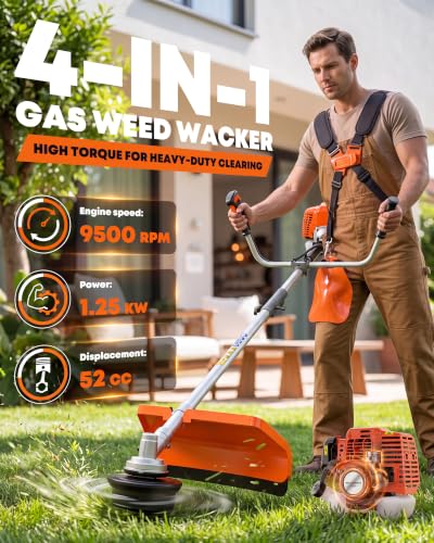 52cc Gas Weed Eater, 4-in-1 Brush Cutter, Orange Silver - color: Orange Silver