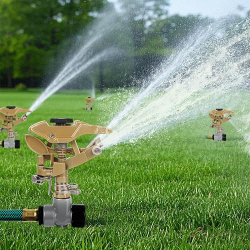 Biswing 2 Pack Impact Sprinklers on Metal Step Spike, Heavy Duty Zinc Alloy Lawn Sprinkler Head on Spike Base, Adjustable 360 Degree Watering Sprinkler for Large Area Grass Garden Irrigation - style: With Stake