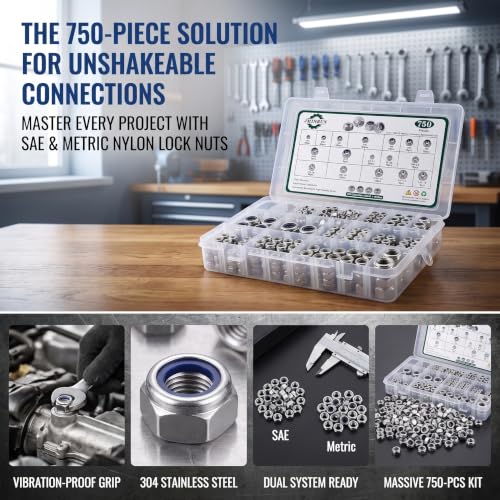 SAE & Metric Nylon Insert Lock Nuts Kit (750Pcs), Lock Nuts Assortment Kit - color: SAE & Metric 750PCS