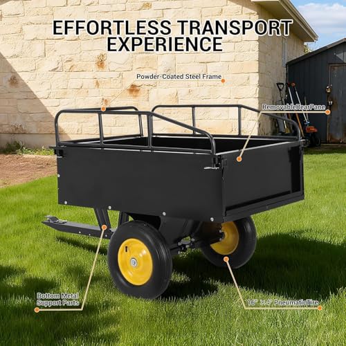 Heavy Duty ATV Trailer Steel Dump Cart, 750 Lbs 15 Cubic Feet Tow Behind Steel Dump Cart, Garden Utility Trailer Yard Trailers with Removable Sides for Riding Lawn Mower Tractor - color: Yellow