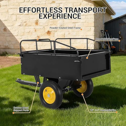Heavy Duty ATV Trailer Steel Dump Cart, 750 Lbs 15 Cubic Feet Tow Behind Steel Dump Cart, Garden Utility Trailer Yard Trailers with Removable Sides for Riding Lawn Mower Tractor - color: Yellow