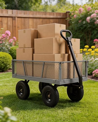 GarveeTech 1200LBS Heavy Duty Steel Garden Cart, Garden Wagon Cart on Wheels, Metal Yard Utility Wagon with Removable Mesh Sides, 13" All Terrain Tires, 180° Rotating Handle for Lawn, Garden, Farm - color: Gray